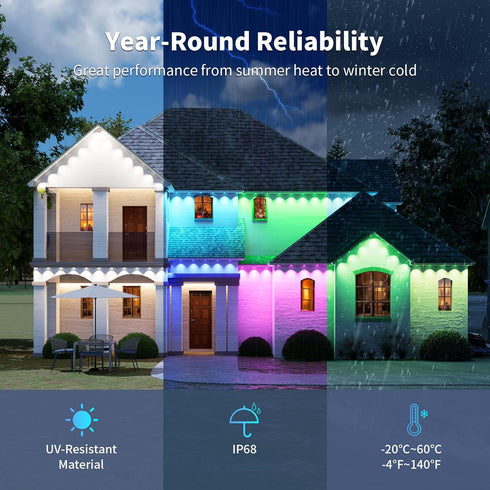 100FT/50LEDs IP68 Permanent Outdoor Lights RGB Decor Waterproof Music Sync Eaves Lights with Remote&APP Control