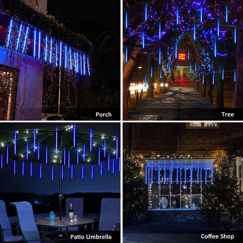 2 Pack 16 288 JMEXSUSS Solar Meteor Shower Lights, Blue Meteor Cascading Rain Lights, Waterproof for Tree/Garden Party