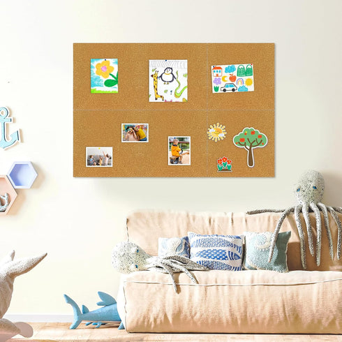 DOLLAR BOSS Cork Board Tiles, 6 Packs 12" x 12" 1/2" Thick Self Adhesive Corkboards with 60 Pushpins