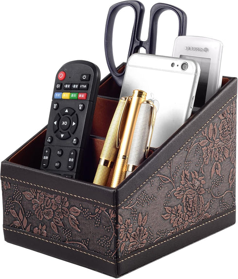 PU Leather TV Remote Control Holder with 3 Compartments, Nightstand Caddy Organizer, Storage Box for Media Accessories