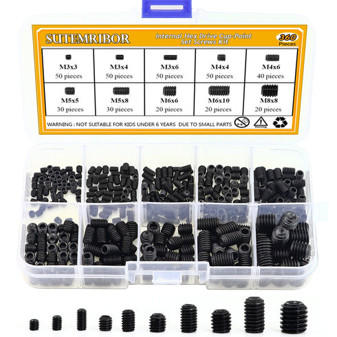 M3/4/5/6/8 Internal Hex Drive Cup-Point Set Screws Assortment Kit, 10 Sizes, 360PCS
