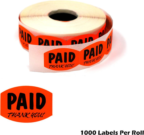 Paid Thank You Fluorescent Orange Self Adhesive Labels, Sold Retail Stickers, 1 Roll, 1000 Pack, .85" H x 1.2" W