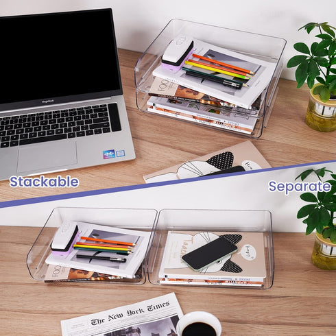 Tomorotec Desk Letter Tray Set, A4 Size Clear PET Stackable Document Organizer Office Desktop File Paper Holder Book Storage Rack Side Load Anti-Skid Stacking Support Convex Bottom (2X Landscape) by Tomorotec