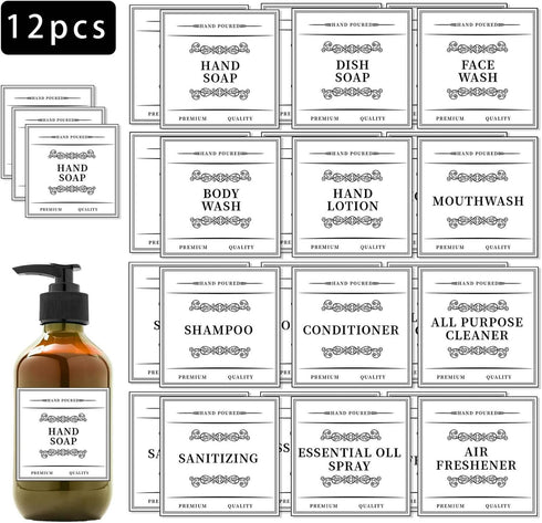 Arecobticy 12Pcs Set Soap Labels for Bottles Mouthwash Dispenser Sticker for Bathroom Removable Self-Adhesive Sticker