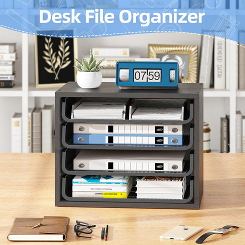 4-Tier Simple Trending Desk File Organizers, Letter Tray Paper Organizer with File Holder, Wooden Paper Sorter
