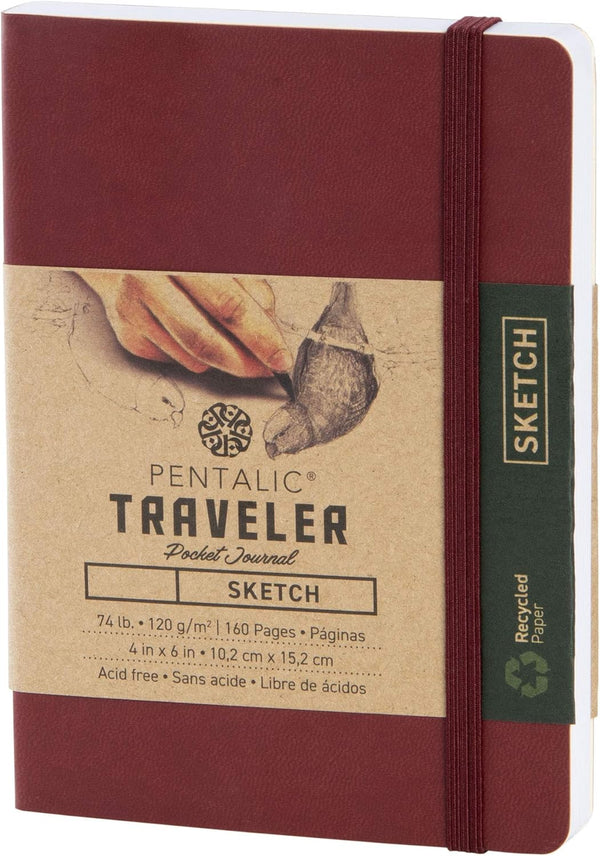 Pentalic 4" x 6" Pocket Sketchbook Traveler Journal, 160 Pages, Burgundy