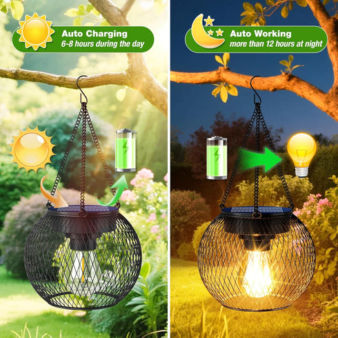 2 Pack, 13.45" Solar Lanterns Outdoor Waterproof Metal Solar Hanging Lights with Hooks & Auto On/Off, Brighter Warm