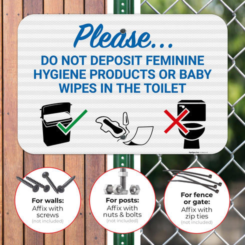 12x18 Inches, 3M .063 Please Do Not Deposit Feminine Products Baby Wipes in Toilet with Graphic Sign, EGP Reflective
