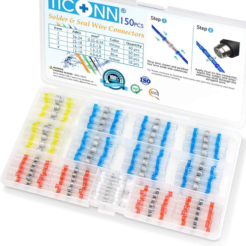 TICONN 150 PCS Waterproof Solder Seal Wire Connectors, Heat Shrink Butt Splice Electrical Terminals