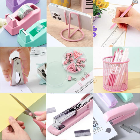 Pink Office Supplies Set, Desk Accessories Including Stapler, Tape Holder, Scissors, and 1000pcs Staples