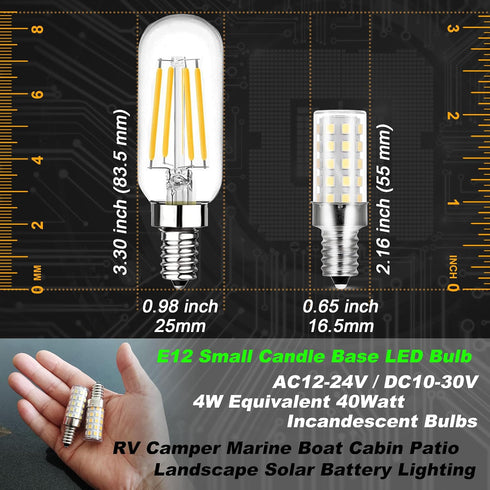 12V 40W E12 LED Candelabra Light Bulbs 4W Daylight White 6000K 450Lm Low Voltage AC12-24V/DC10-30V for RV Camper Marine