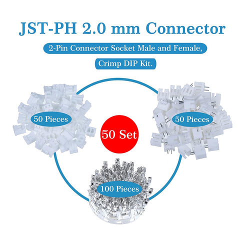 JST PH 2.0 mm Pitch 2-Pin JST Wiring Connecting IC Male Plugs, 50 Sets/200 Pieces Connector Kit