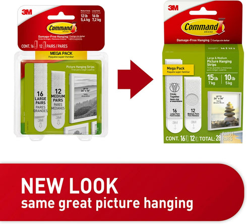 Command Picture Hanging Strips - 15 lb & 10 lb Large and Medium, 28 Assorted Pairs, Damage-Free Wall Hangers