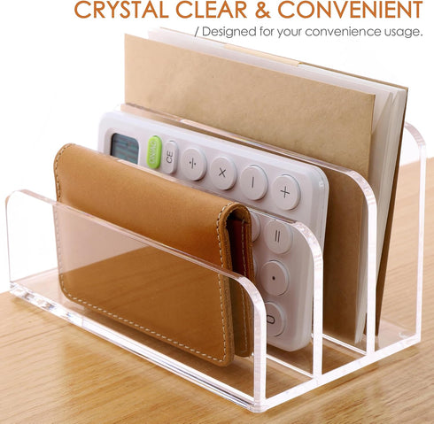 SANRUI 3 Compartments Mail Organizer, Vertical Letter Holder, Acrylic Desk Organizer for Office Supplies