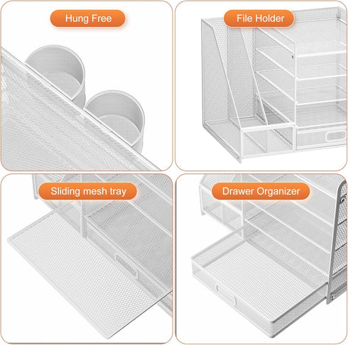 Marbrasse Desk Organizer with File Holder, 5-Tier Paper Letter Tray Organizer with Drawer, White Mesh Desktop Storage