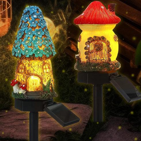YZYOE 2 Packs of Solar Powered red and Blue Mushroom House Floor Lights, Garden Decoration Resin Cute House Mushroom