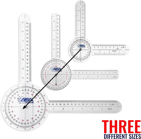 ASA TECHMED Goniometer Set, 3 Pcs, 12, 8, 6 Inch Medical Spinal Angle Protractor