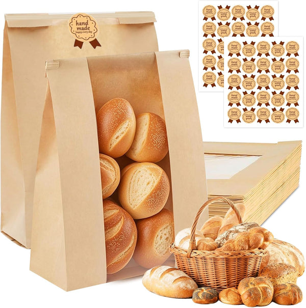 Rysnirs 100 PCS Large Paper Bread Bags with Tin Tie Tab Lock 14x8.3x3.5