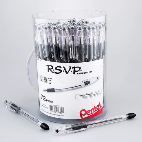Pentel RSVP Ballpoint Pen, 0.7mm Fine Line, Black Ink, 72pk Canister