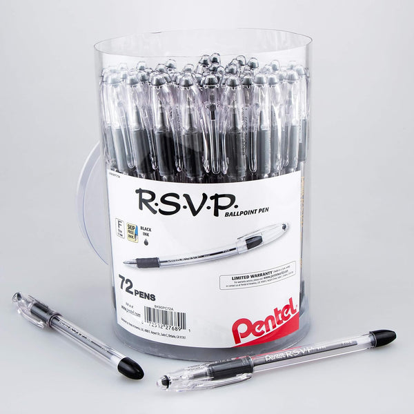 Pentel RSVP Ballpoint Pen, 0.7mm Fine Line, Black Ink, 72pk Canister