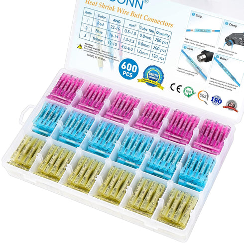 TICONN 600PCS Heat Shrink Butt Wire Connector Kit, Insulated Waterproof Electrical Crimp Terminals for Marine Automotive