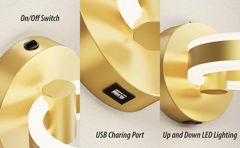 LED Wall Sconces with ON/Off Switch, Gold Rotatable Hardwired Wall Light Fixtures, Built in USB Charging Port, Modern