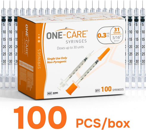 0.3 ml/cc, 31G 5/16 (8mm), 100 ONE-CARE Syringe x Individually Wrapped, Orange Cap, Box of pcs