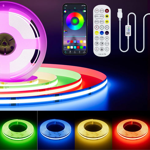 PAUTIX 5V USB COB RGB LED Strip Light 4.92ft/1.5m Color Changing Light