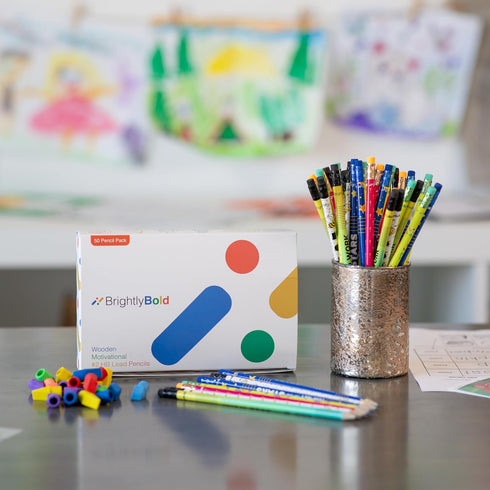 Motivational Fun Pencils for Kids, Bulk Pack of 50 Colorful Pre-Sharpened Pencils with Top Erasers