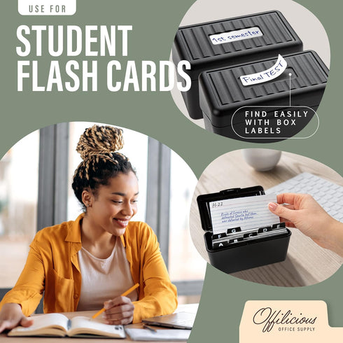 Black Index Card Holder 4x6, Index Card Box with Dividers, Ruled Cards & Stickers, Recipe Card Organizer