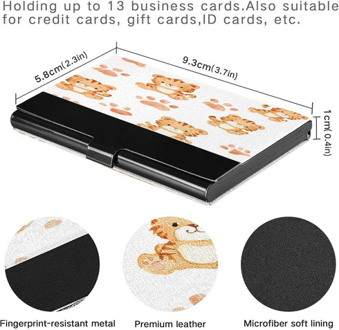 OTVEE Baby Tiger and Paw Print Pattern Business Card Holder Wallet Stainless Steel & Leather Pocket Business Card Case