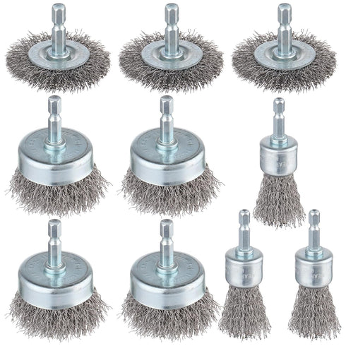 10-Pack Set 1/4-Inch Rocaris Carbon Steel Wire Wheel, Cup, Pen Brush with Hex Shank for Rust Removal, Corrosion