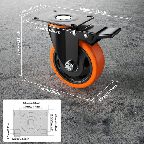 3 Inch Caster Wheels Set of 4 Heavy Duty Locking Industrial Swivel Top Plate Casters for Furniture