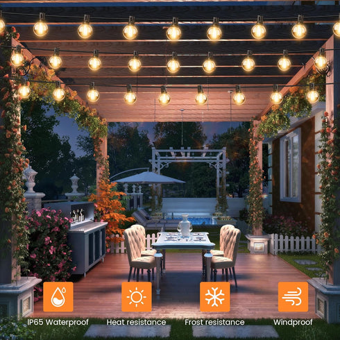 30FT 17 G40 Bulbs, 2200K Dimmable OHLUX Solar String Lights Outdoor, Waterproof Solar Patio Lights with Remote