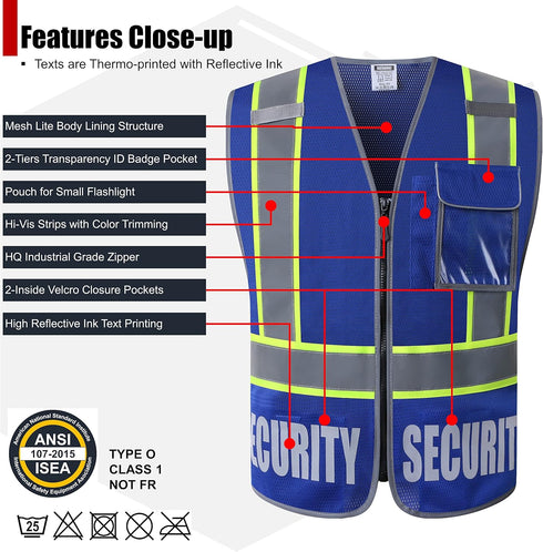 Retro-Reflection Heavy Duty Security Safety Vests, Blue Mesh with 5 Pockets, ANSI/ISEA 107-2015