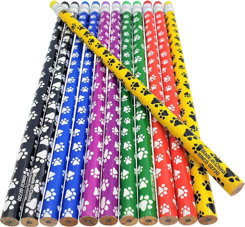 Paw Print on Colorful #2 LEAD Pencils, Wooden with Colorful Eraser on Top (48 Pack) Bulk