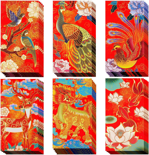 Red Envelopes Chinese New Year, 30 Pack with 6 Styles Lucky Money Envelopes for Cash - 6.6 x 3.5 inches