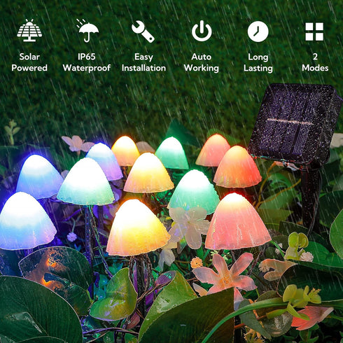 Set of 12pcs Mushroom Solar Garden Lights, 14.5ft Waterproof Solar Powered Night String Lights for Outdoor Decor