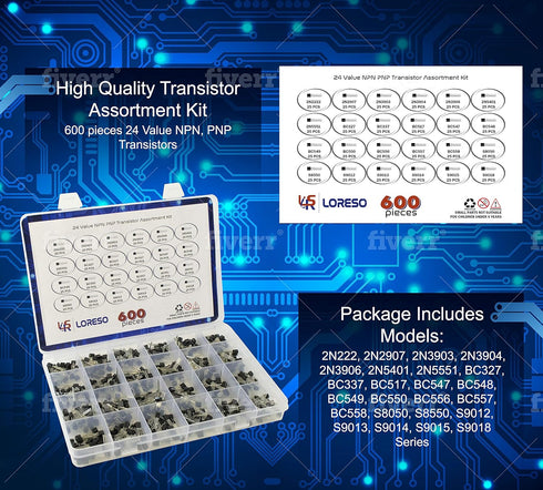 Loreso Transistor Variety Pack, 600 pcs Assortment Kit Box with 24 Value NPN PNP Transistors for Electronics Projects