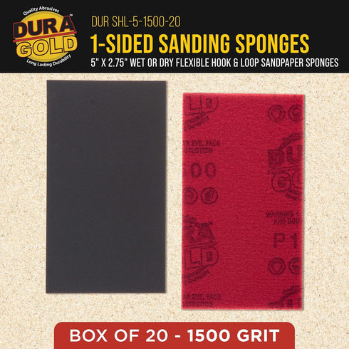 1500 5" 2-3/4" 20 Dura-Gold Grit x Sanding Sponges, Box of - Performance Hook & Loop Wet or Dry Flexible Sandpaper
