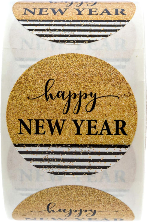 Happy New Year Stickers, 500 Labels, Black & Gold Faux Glitter Sticker