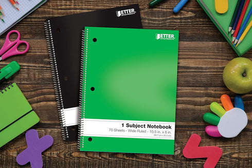 Better Office Products 1-Subject Spiral Notebooks, 24 Pack, Wide Rule, 70 Sheets, 8 x 10.5 Inches, Assorted Colors