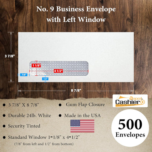 Cashier Depot #9 Business Envelopes with Left Window, 500/Box, 3 7/8 x 8 7/8