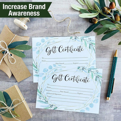 Hadley Designs 25 Eucalyptus Gold Blank Certificates, Paper Voucher for Hair & Nail Salon, Small Business Coupons