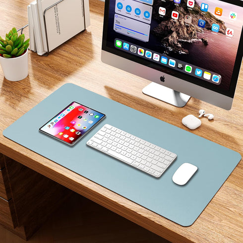 WAYBER Leather Desk Pad Protector, Waterproof Mouse Pad, PU Desk Mat for Office/Home, Light Blue/Silver, 31.5x15.7in