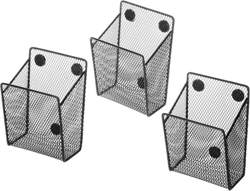 MyGift Black Metal Mesh Magnetic Pen Pencil Marker Holder, Set of 3, Whiteboard Accessories Storage Basket, School