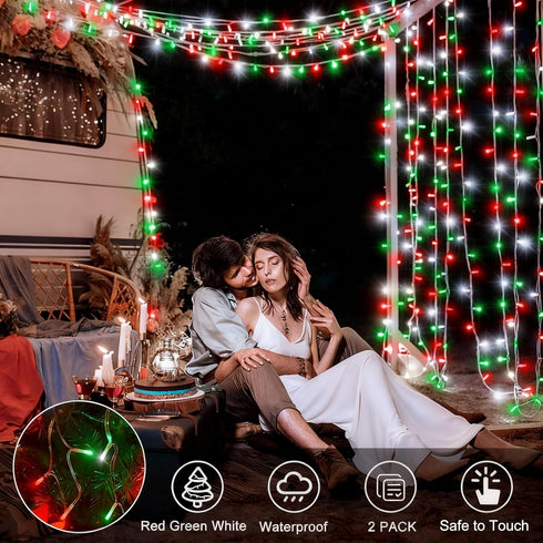 2 Pack 100 33Ft 8 Red White Green Christmas String Lights Battery Operated, LED String Lights with Timer Modes Outdoor