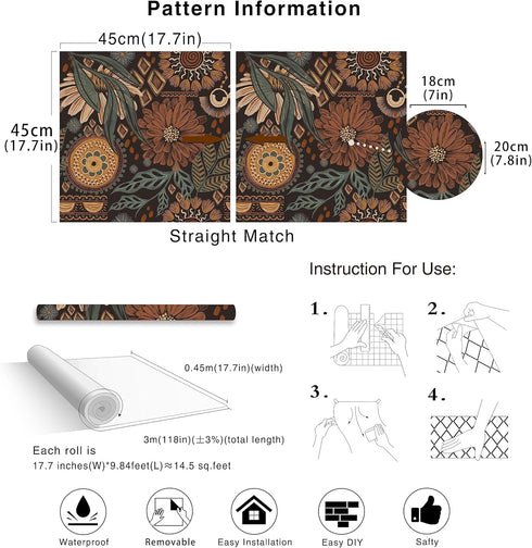 HAOKHOME 93291 Peel and Stick Floral Wallpaper 17.7in x 9.8ft Retro Wall Decor