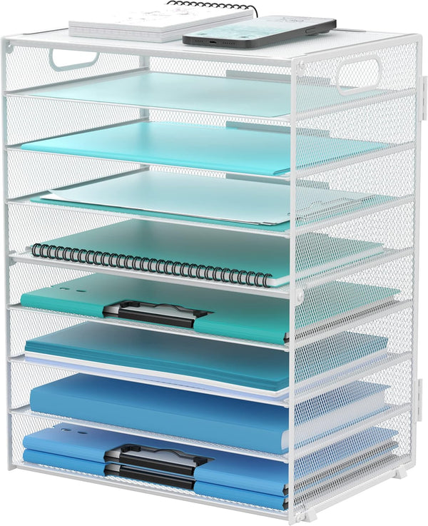 DALTACK 9-Tier Paper Letter Tray Desk Organizer with Handles, Mesh File Holder for Office, Home, School, White