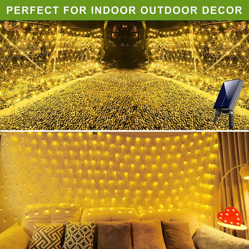 11.5FT 5FT 240 8 x Solar Christmas Net Lights Outdoor with Remote, LED USB Warm White Mesh Lights for Bushes